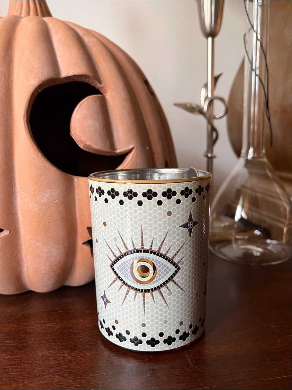 Mosaic Tile Pattern Design Glass Candle with Eye Detail • Amber Aura